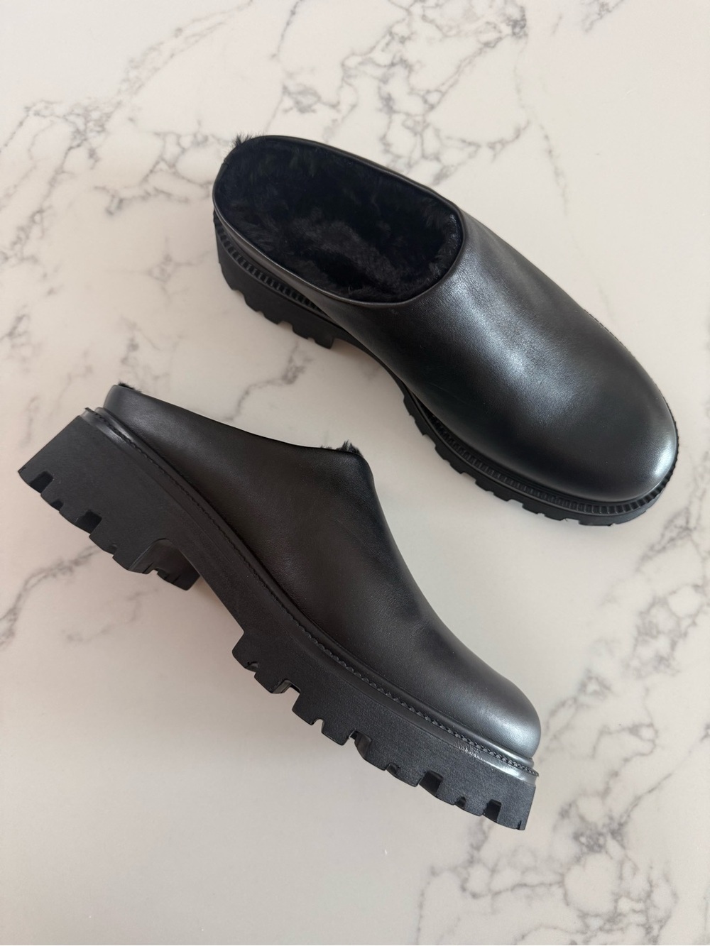 Made in Italy Fur Lined Leather Mule - Black - Size 39